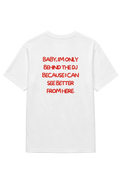 T-shirt blanc OFFSHORE back print rouge Baby I'm only behind the DJ because I can see better from here