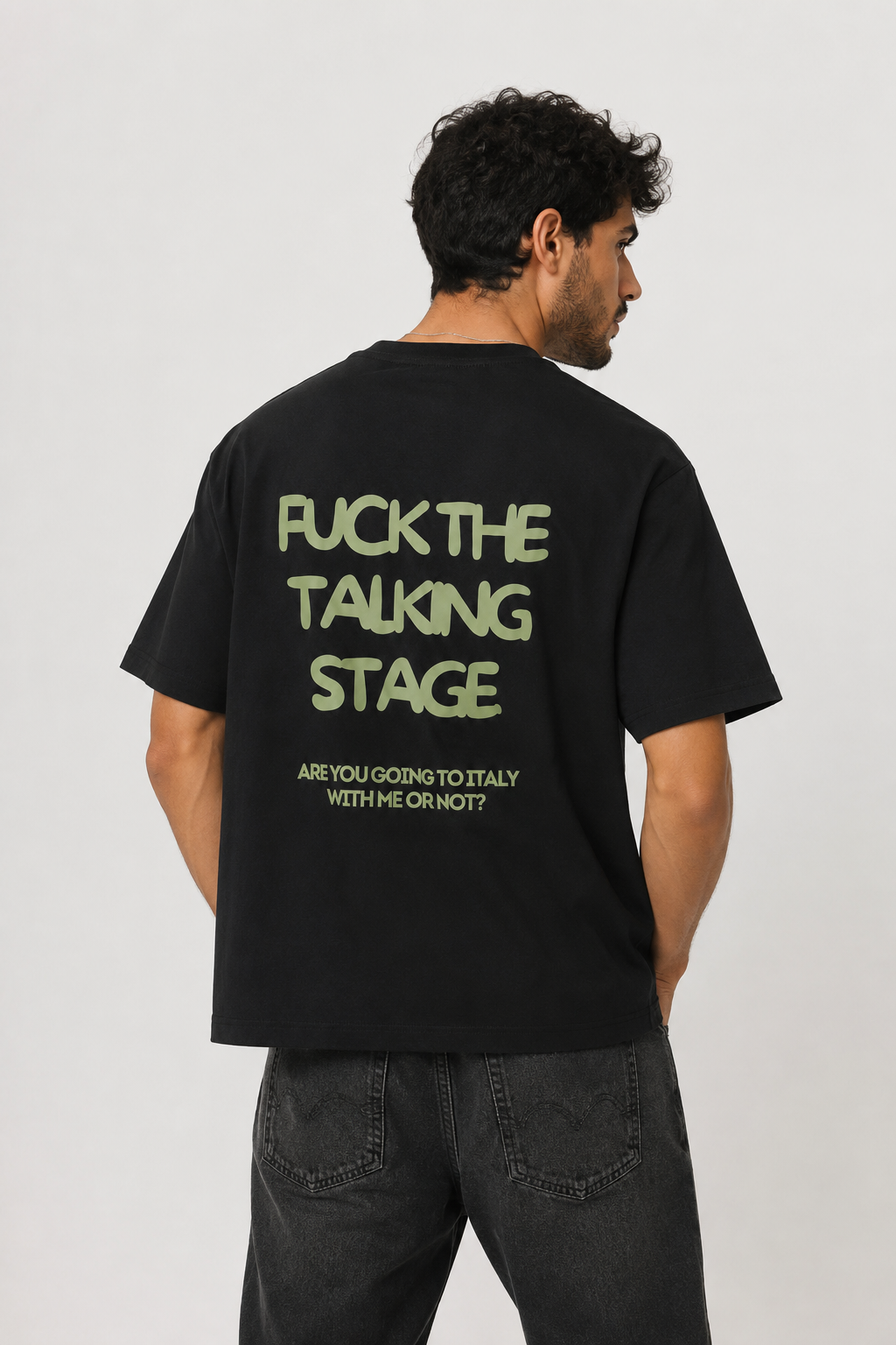 T-shirt noir OFFSHORE print olive Fuck the talking stage détail